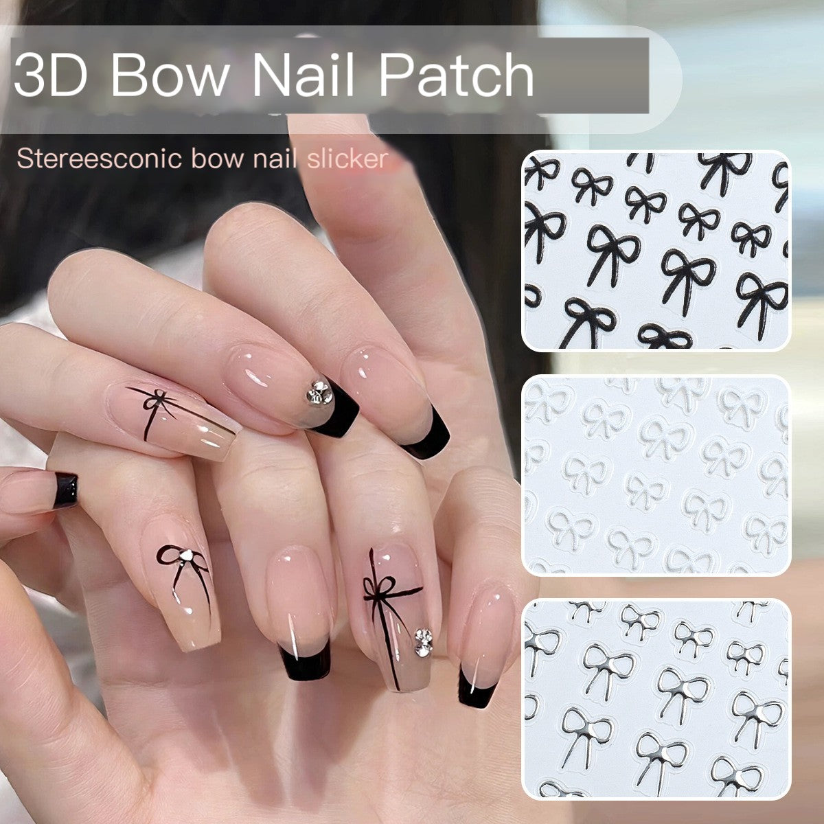 5D Minimalist Embossed Bow Nail Stickers (Black/White/Silver) - VaultDigital